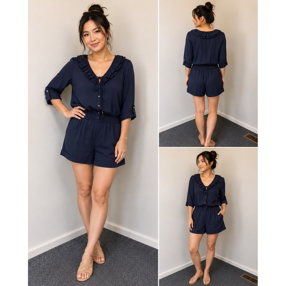 Arden B Pants - Arden B Womens Navy Blue Ruffle V-Neck‎ Smocked Waist Romper Size M